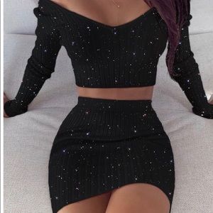Glitter Off Shoulder Crop Top Skirt Set